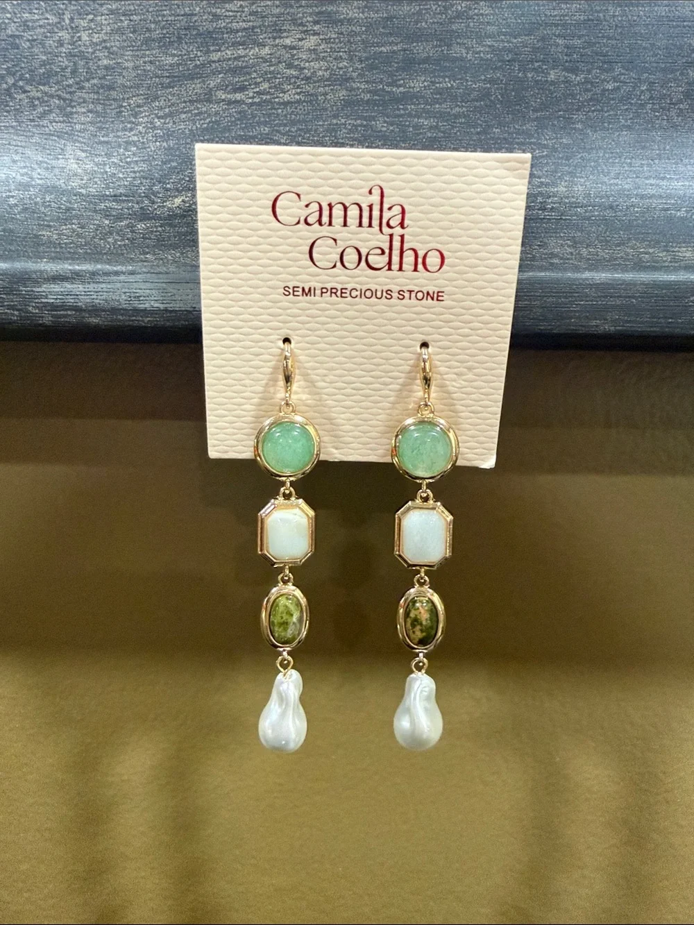 Camila Coelho Green, Cream & White Multi-Stone Drop Earrings